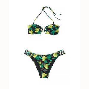 VS Archives Tropical Black and Green Bandeau Bikini Top and Bottom Set